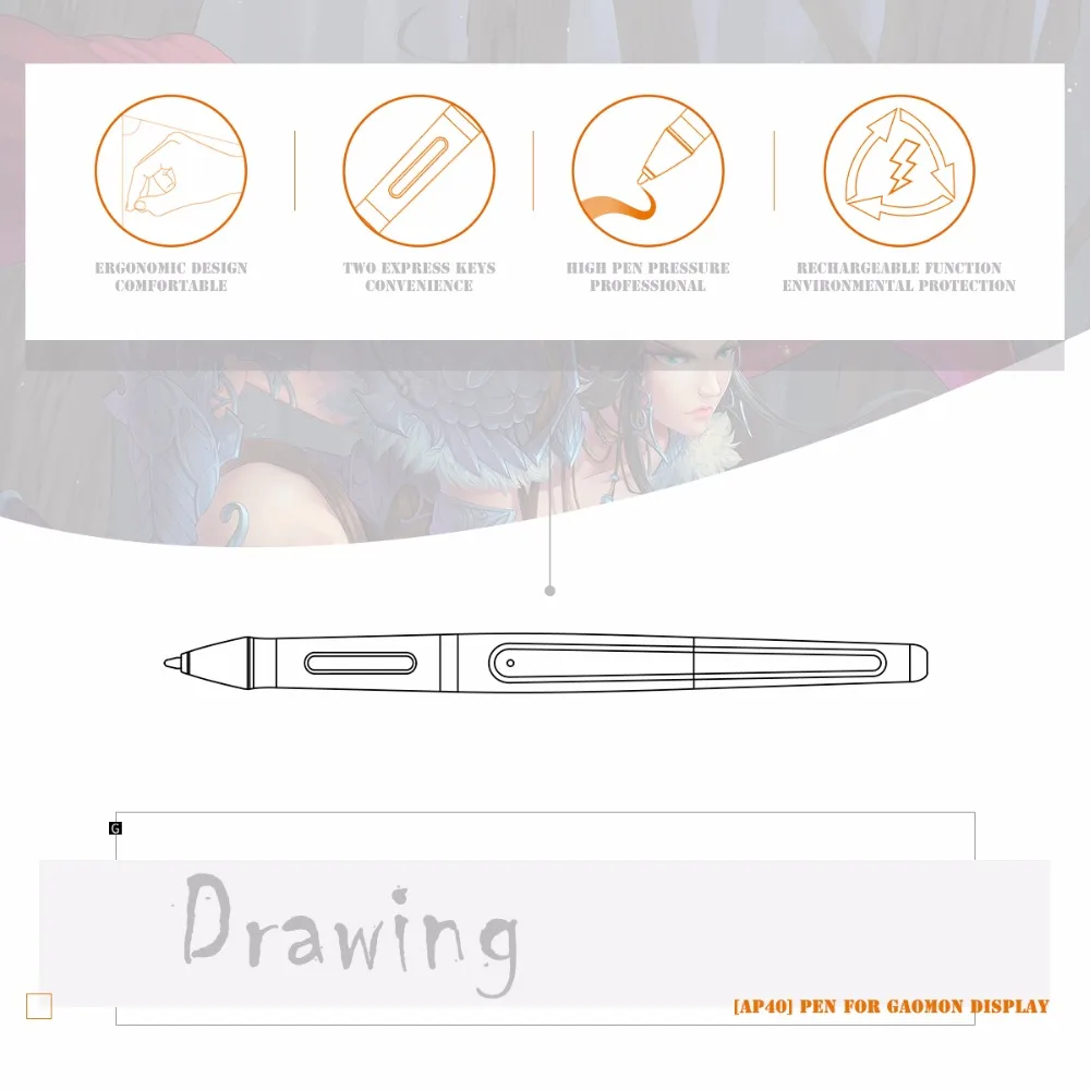 GAOMON ArtPaint AP40 Беспроводной цифровой Art Stylus Перезаряжаемые ручка для цифровой рисунок пером Дисплей PD1560