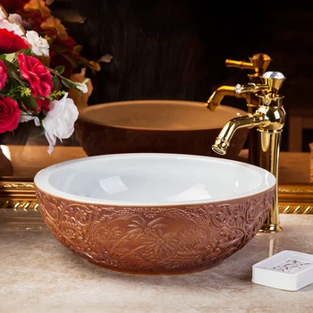 

Chinese style bathroom ceramic wash basin brown porcelain counter top basin wash ceramic wash basin bathroom porcelain sink