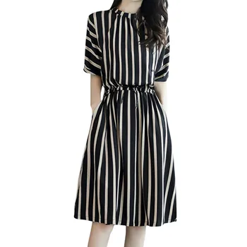 

Womail Dress Women Casual Short Sleeve Round Neck Print Stripe Mid-Calf Chief Loose Women's Spring Summer Dress Vestido XT