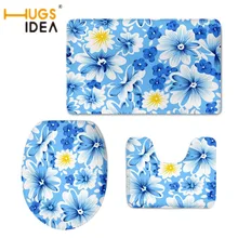 HUGSIDEA красота синий цветочный принт Чехлы для сиденья унитаза 3 шт. комплект водонепроницаемый нескользящий ободок для унитаза крышка коврик для ванной комнаты WC аксессуары