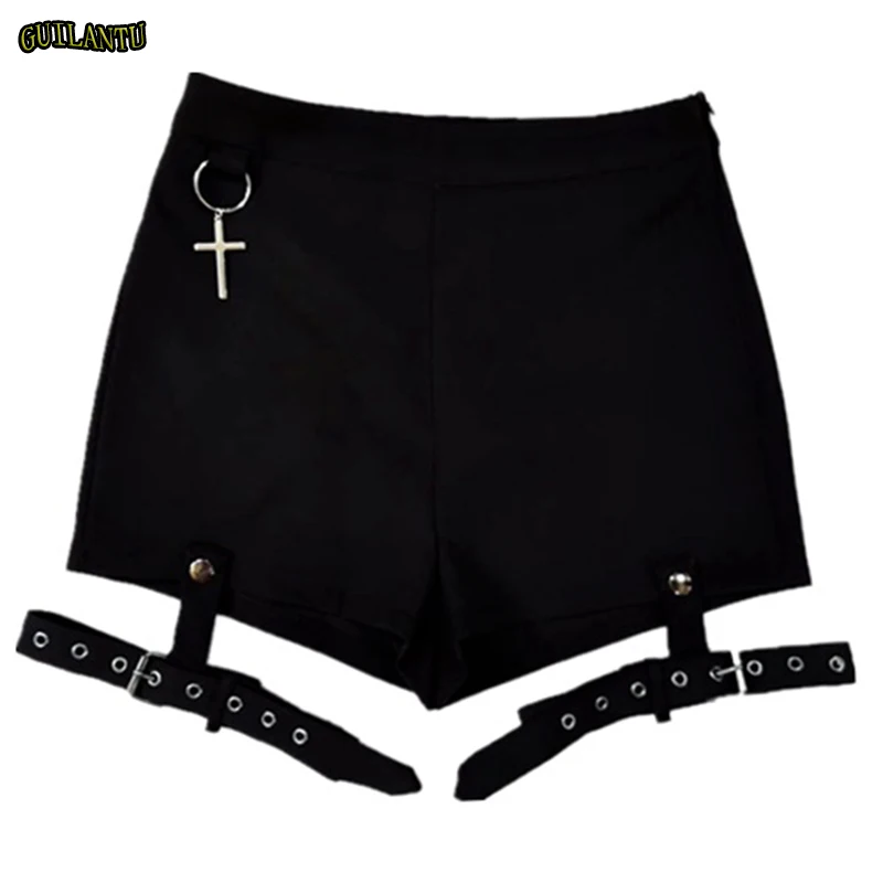 Сексуальные панк рок мини шорты женские летние байкерские с высокой талией черные атласные Короткие Шорты повседневные праздничные бандажные брюки комбинезоны