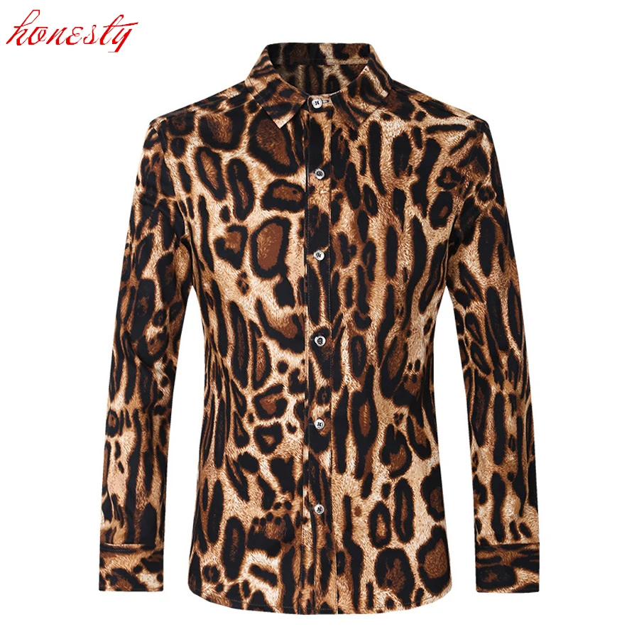 Leopard Men Shirts Long Sleeve Slim Fit Dress Shirts New Brand Fashion Printed Turn down Collar