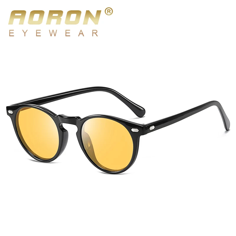 AORON раунд поляризованные солнцезащитные очки для мужчин и женщин для вождения очки ночного видения Модные солнцезащитные очки UV400 - Цвет линз: Black Yellow