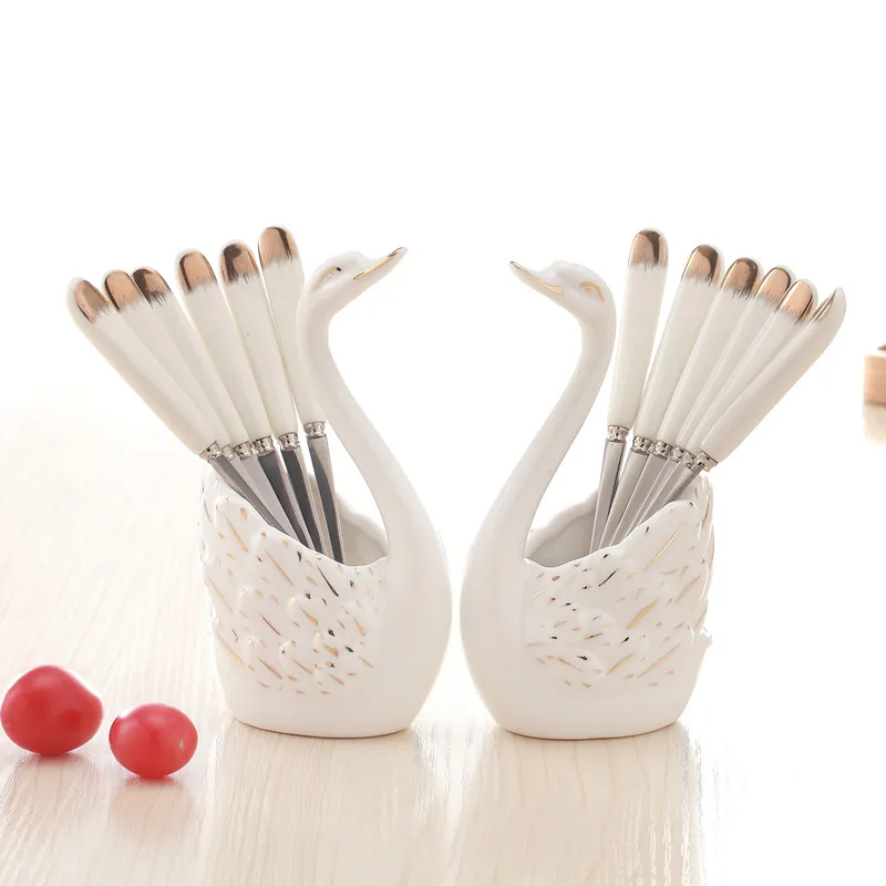 

6PCS Fruits Forks Spoons Kit Swan Ceramic Dessert Forks Dinnerware Set