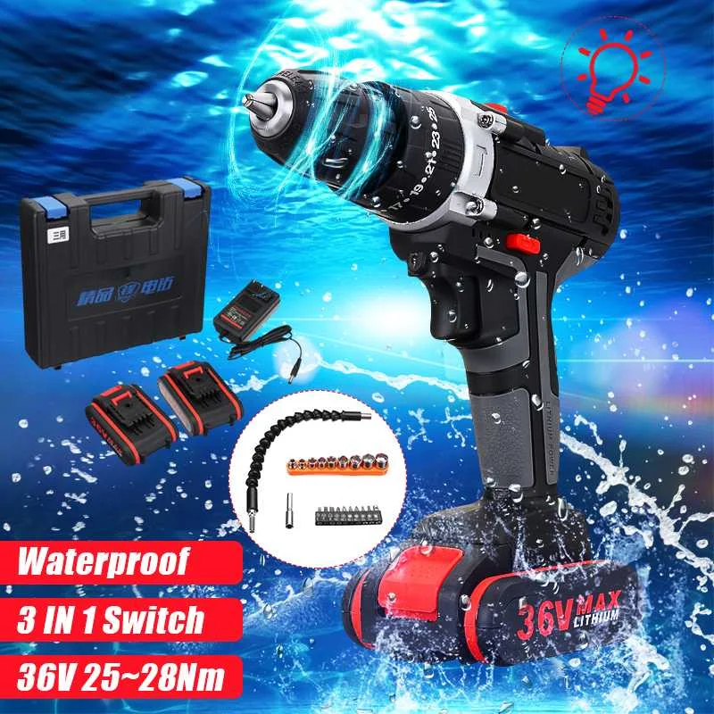 

3 In 1 36V Cordless Drill 5000mAh 450/1450r/min Multifunction Double 25-Speed Torque 2 Li-ion Battery Toolkit