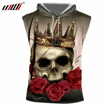 

UJWI Summer Men New Tank Top Print Rose Skull With Crown 3D Singlet With Hood Homme Hip Hop Streetwear Sleeveless Hoody Vest 7XL