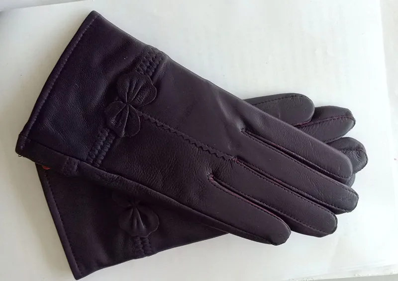 Женские теплые зимние перчатки из натуральной кожи, женские перчатки из натуральной овечьей кожи, модные женские Роскошные шерстяные перчатки для вождения - Цвет: Черный