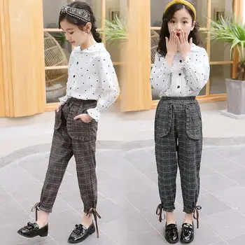 

2019 Spring Autumn Kids Girl Polka Dot Shirt+Plaid Ruched Pants Sets Children Causal Bow Sets Teen Girl Fashion Cotton Suit Q594