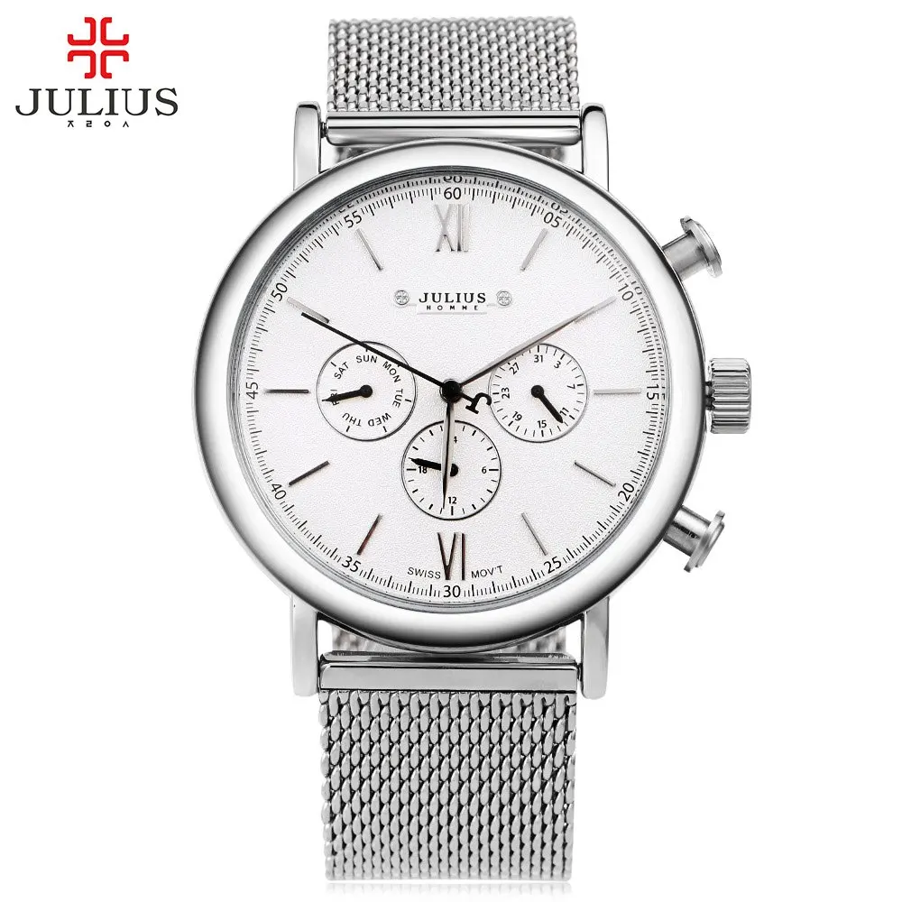 

Top Brand JULIUS Watch Men relogio masculino Ultra Thin Full Steel Mesh Band Quartz Watch Three Working Sub-dials Wristwatches