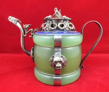 

Chinese old Tibetan silver Dragon Lion Green jade Cloisonne teapot Monkey Lid wholesale factory Arts outlets
