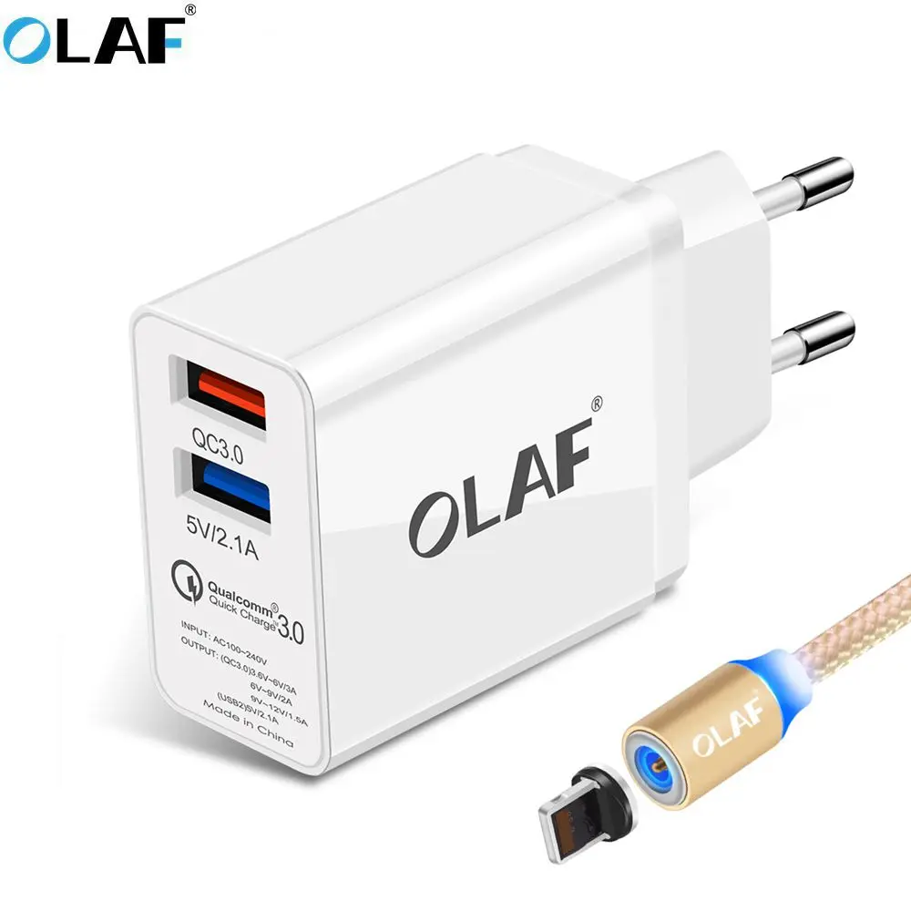 Зарядное устройство OLAF с двумя портами USB, 30 Вт, быстрая зарядка 3,0, зарядное устройство для мобильного телефона, для путешествий, штепсельная вилка европейского стандарта, настенный адаптер, магнитный кабель Micro USB - Тип штекера: Add Gold Micro Cord