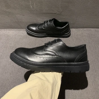 

Leather shoes men's soft and breathable 2019 pigskin dress spring and summer Black comfortable basic lace Brock casual shoes