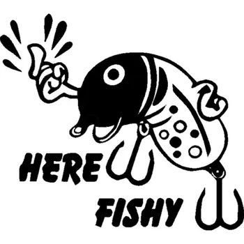 

22.9CM*20.5CM "Here fishy" Lure Vinyl Decal Car Sticker Fishing Boat River Lake Car Stylings Decoration Black Sliver C8-1098