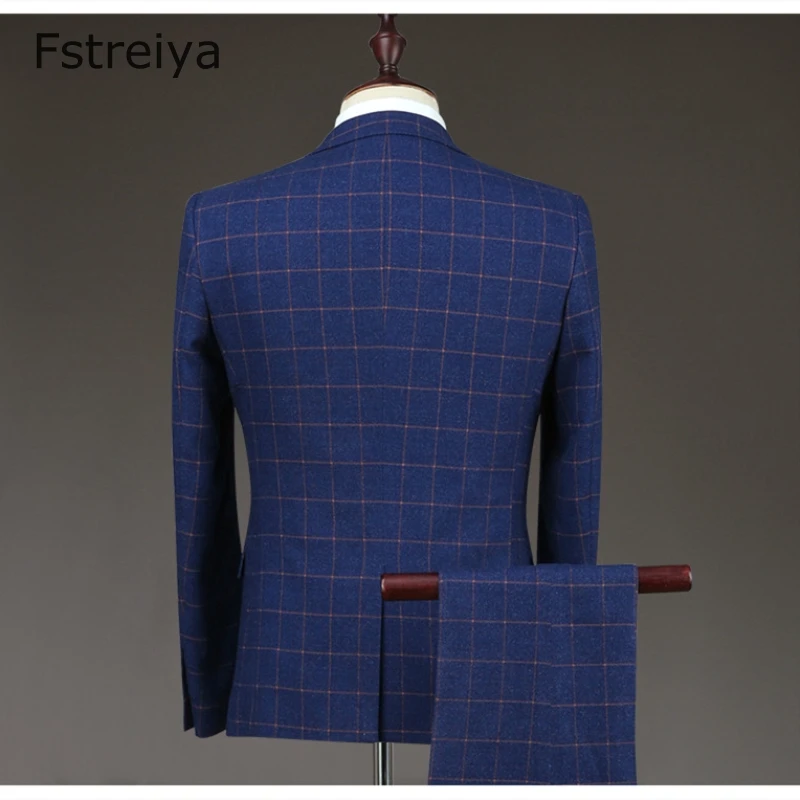 High quality men tailored suit Custom made grid groom slim fit blue suit for wedding customize clothes 3 piece jacket pant vest
