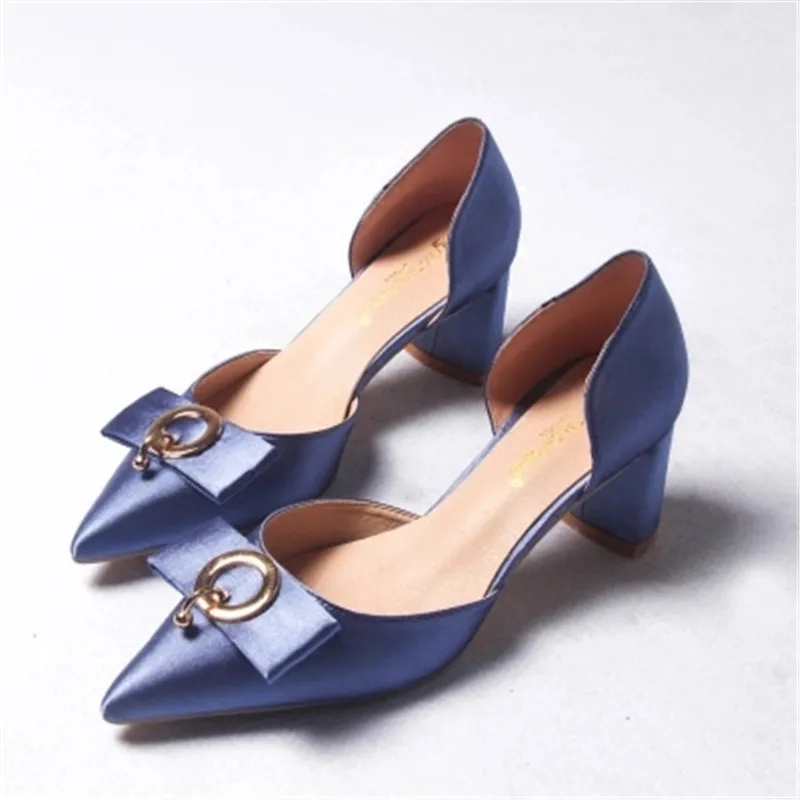 

2018 European and American new shallow silk satin pointed hollow high heels women with the wild in the single shoes