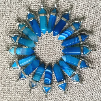 

Hot Natural Stone Pillar Pendants Blue Agates Fashion Healing Charms Bullet Pendulum Necklace Making Accessories Wholesale 24PCS