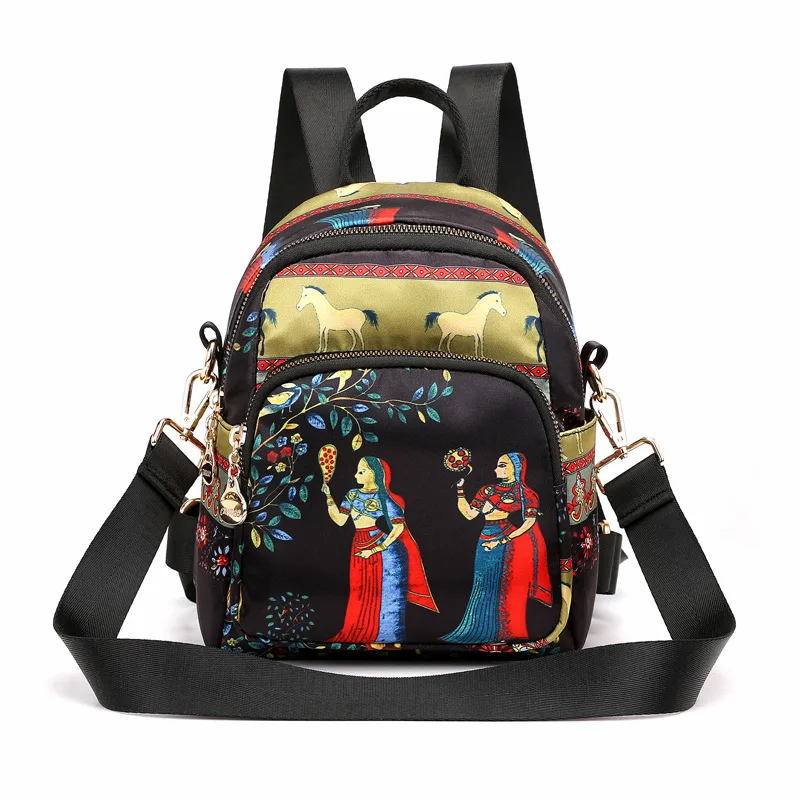 Baigou Purchase Chileopard Woman Pack and Woman's Shoulder Pack Nylon Pack National Wind Printing Backpack Waterproof Pack