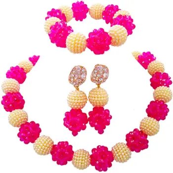 

Wholesale Price Fuchsia Pink Beige Nigerian Wedding Jewelry Sets for Women 1C-SJZZ-03