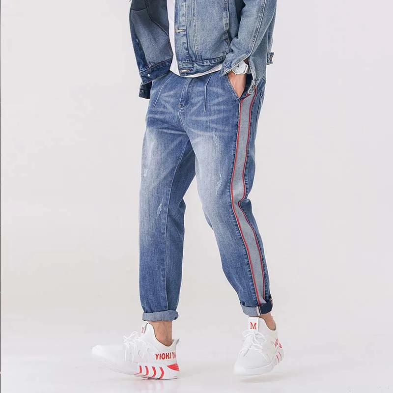 

Side striped jeans men 2019 winter warm casual Nine-point denim pants loose blue jeans male korean Harem pants plus size 9XL