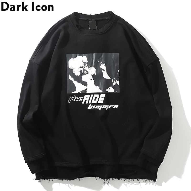 

Dark Icon Printing Unlock Hemline Hip Hop Sweatshirt 2019 Fall New Oversized Sweatshirts Men Streetwear Clothes