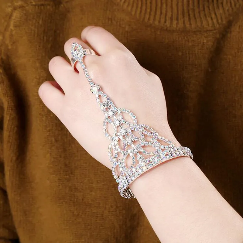 Statement Rhinestone Finger Ring Bracelets for Women Pulseras Mujer