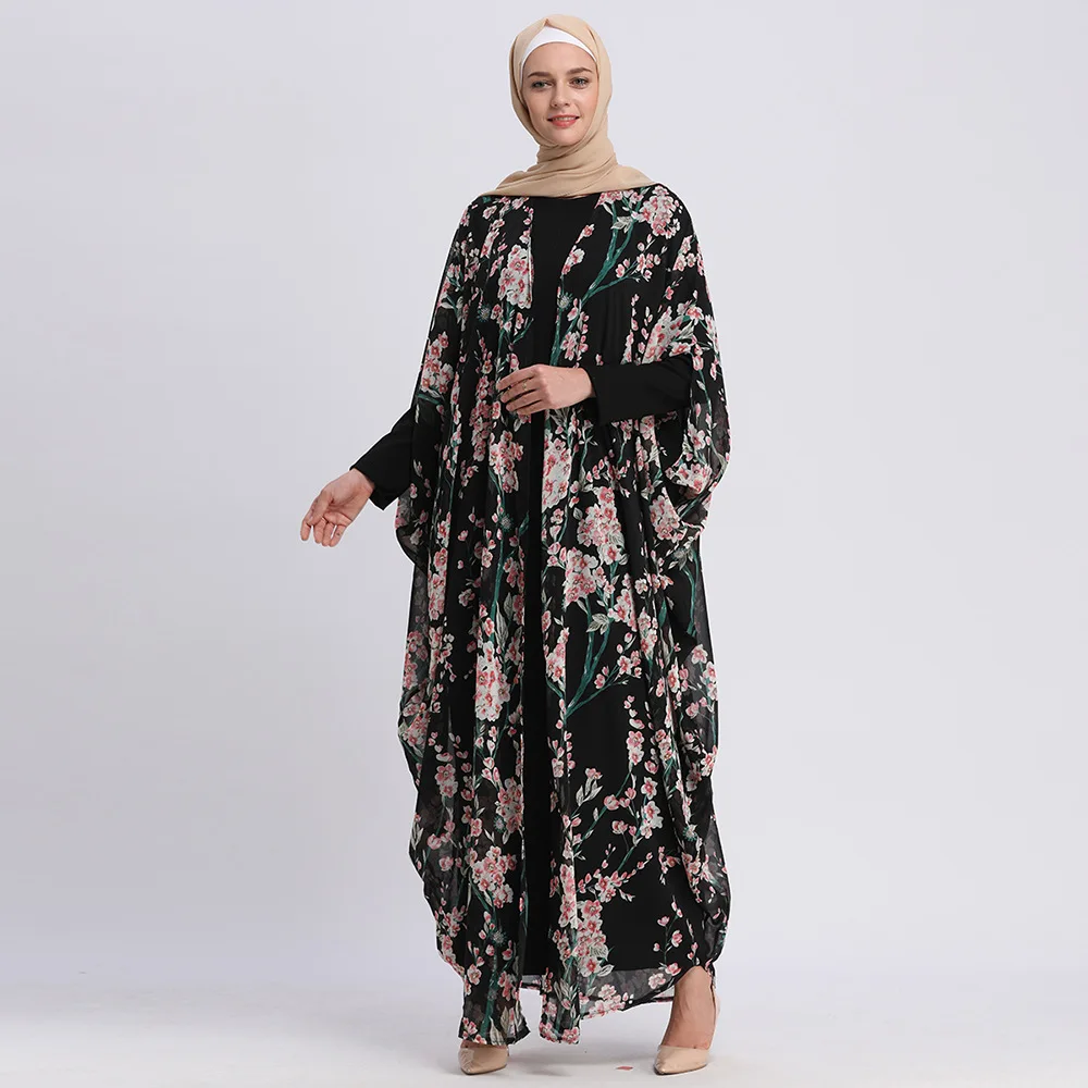 Шифон Цветок для женщин мусульманское платье кардиган исламская костюмы плюс размеры халат islamique Marokkaanse кафтан