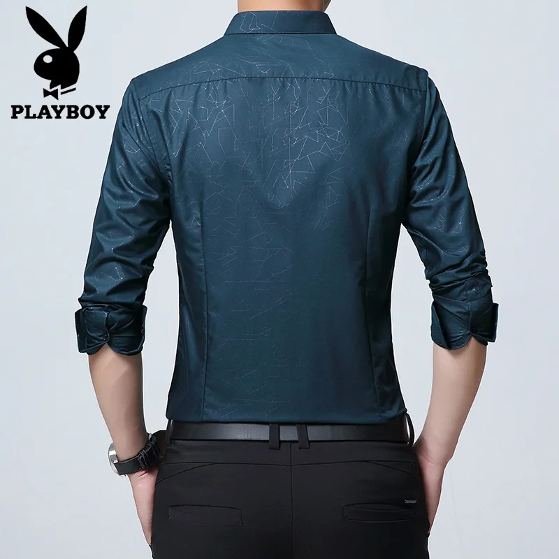 PLAYBOY, Новое мужское повседневное однотонное с длинным рукавом, рубашка, приталенная, мужская, деловая рубашка, брендовая, Мужская одежда, мягкая, удобная