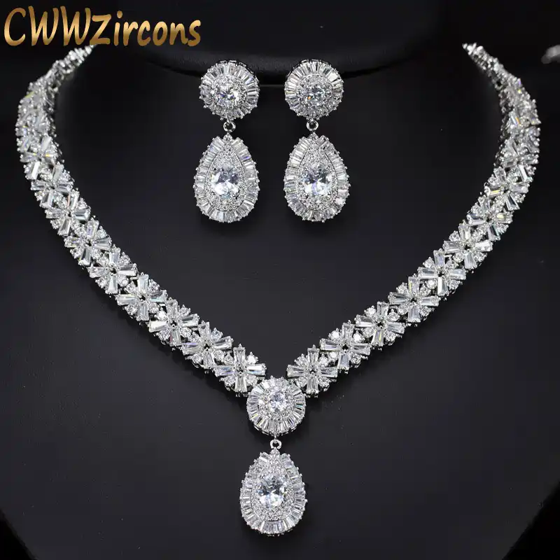 Cwwzircons White Gold Color Luxury Bridal Cz Crystal Necklace And