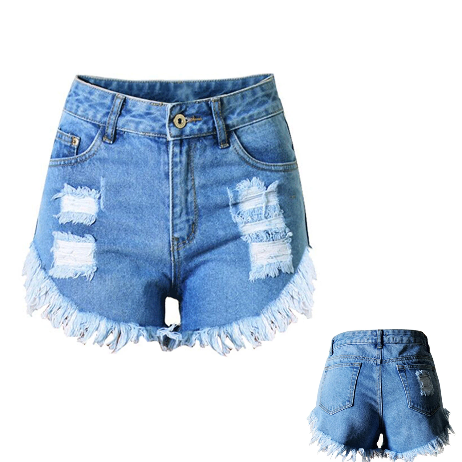 Woman's Tassel Ripped Distress High Waist Denim Shorts Jeans, Blue-in ...