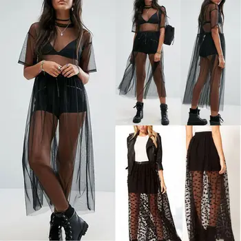 

Fashion Lady Sexy See Mesh Dress Sheer Maxi Tulle Lace Long Dress Black Short Sleeve Cover Up Dress