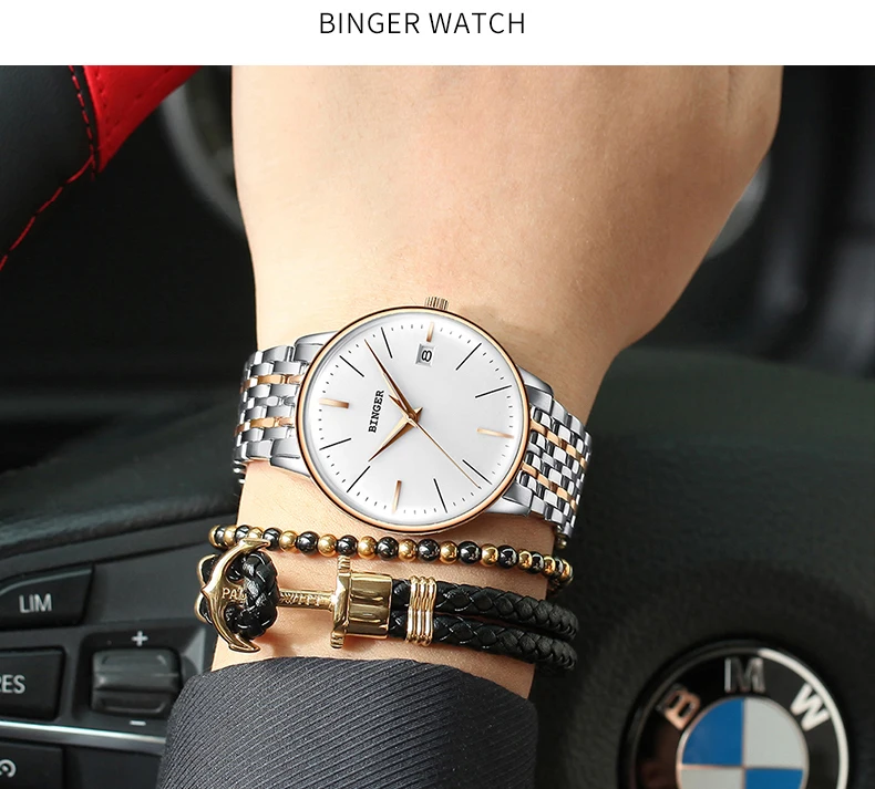 Швейцарские Брендовые мужские часы Бингер с кожаным ремешком, автоматические механические часы, мужские роскошные самовзводные простые наручные часы