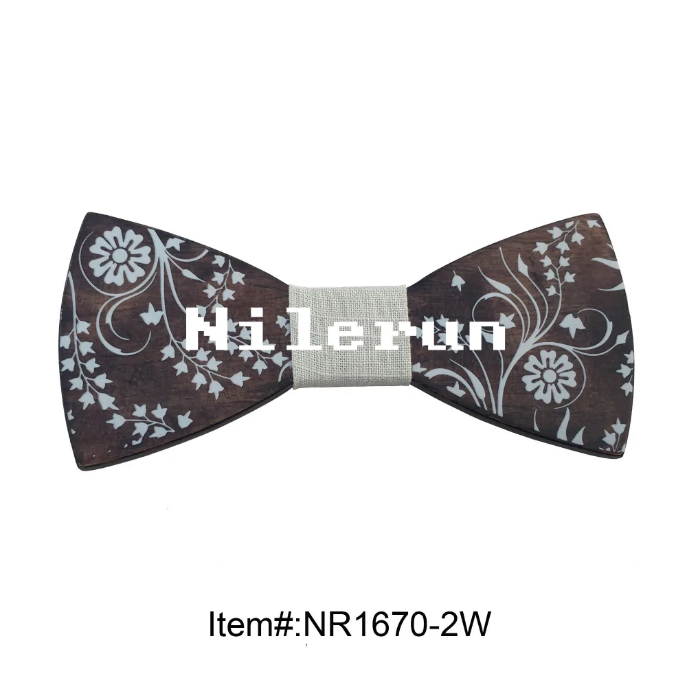 

Fashionable unisex men women's beige fabric white small flowers solid wood bow tie with elastic