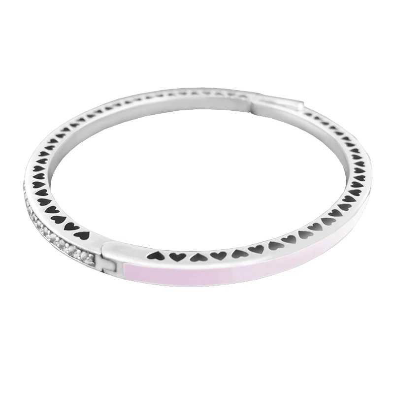 

100% 925 Sterling Silver Radiant Hearts of Signature Bangles, Light Pink Enamel & Clear CZ Bangle Bracelets for Women PFB041