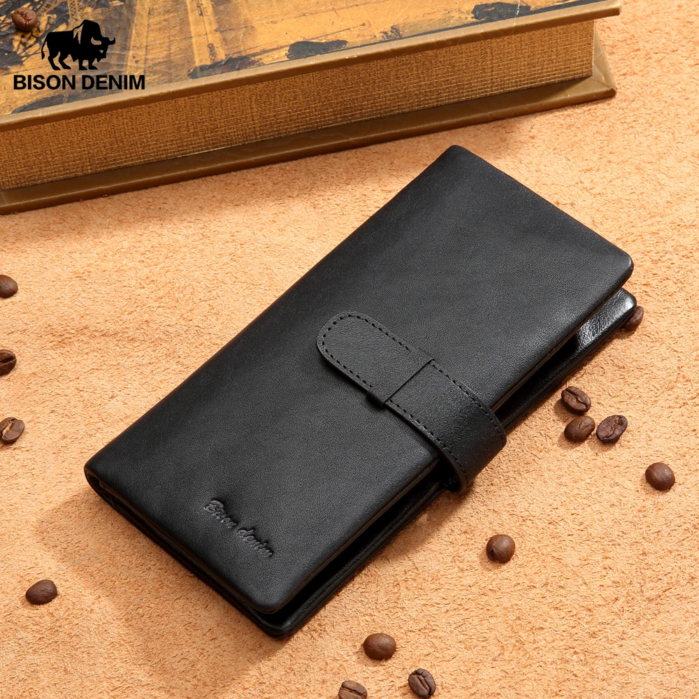 BISON DENIM New Genuine Leather Long Wallet Men Business Brand Male Hasp Purse Card Holder Coin Pocket Clutch Wallet N8211