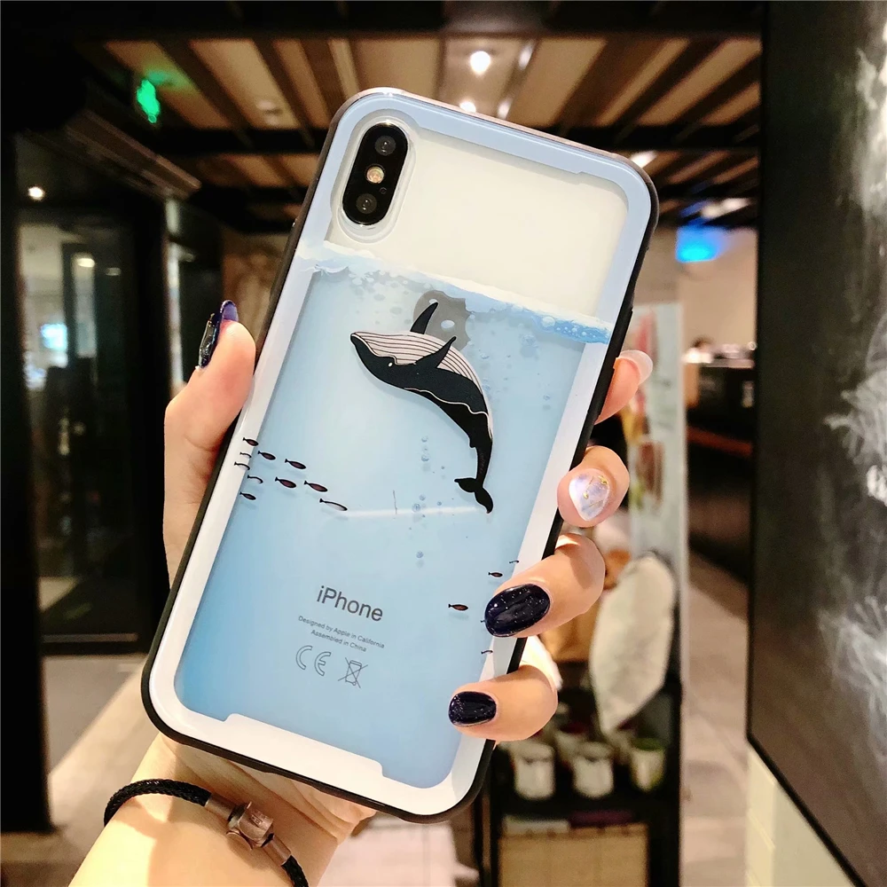 Cases for Iphone 7 Lovely Sea Whale Dolphin Phone Case 7Plus Soft TPU Edges Transparent Tempered Glass Cover Capa |