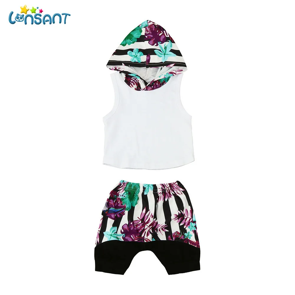 LONSANT Baby Boy Floral Hooded Vest Tops+Shorts Pants 2pcs Outfits Clothes Set sleeveless Baby