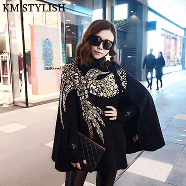 Reviews 2018 Fall Winter New Bird Eagle Pattern Handmade Sequin Embroidered Knit Cloak Shawl Black Grey Jacket