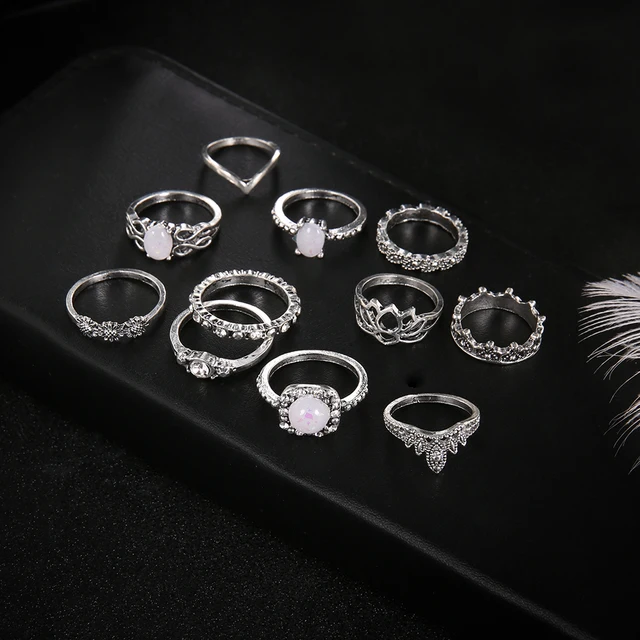 11 PCS/Set Vintage Knuckle Opal Rings for Women Boho Geometric Flower Crystal Ring Set Bohemian Midi Finger Jewelry Bague Femme