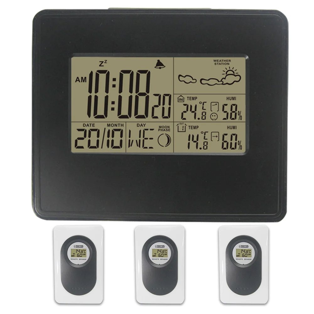 

DYKIE RF RCC Wireless Weather Stations LCD Weather Forecast Alarm Clock Indoor Outdoor Temperature Humidity 3 Transmitters Black
