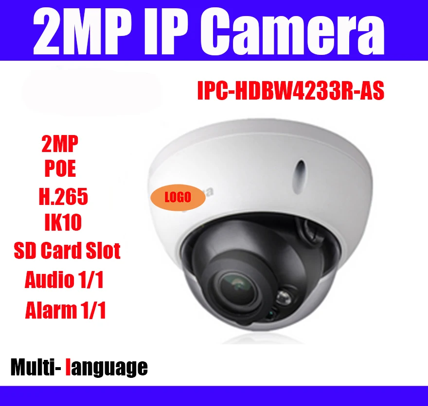 Оригинальная 2-мегапиксельная IPC-HDBW4233R-AS 1080P H.265 Многоязычная купольная ip-камера IR