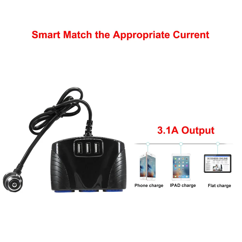HGDO, с 3 портами(стандарт Порты и разъёмы 3 Way 3.1A синий светодиод розетка для автомобильного прикуривателя Разветвитель Мощность адаптер 12 V-24 V для iPad смартфон DVR gps