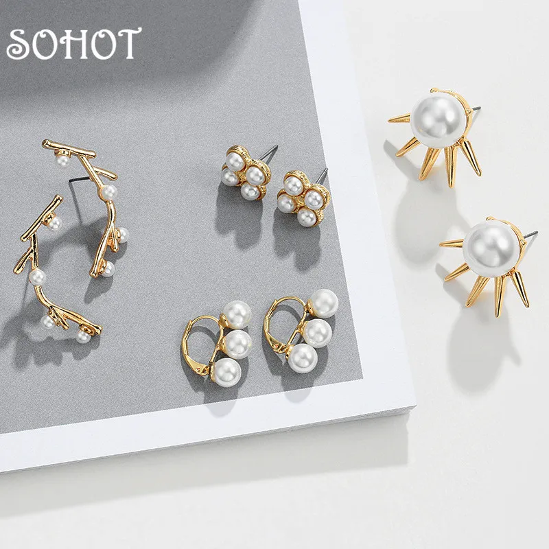 

SOHOT New Tide Simulated-pearl Irregular Women Stud Earrings Chic Cross Flowers Sun Shape Gold Color Alloy Girl Birthday Brinco