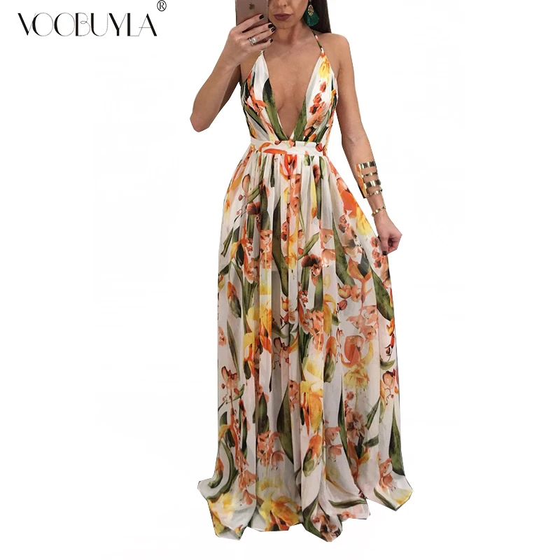 

Voobuyla Womens Summer Boho Chiffon Maxi Long Dress Evening Party Beach Dresses Sundress Floral Print Draped Strap Dress Summer