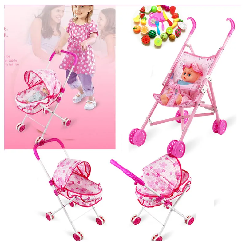 

Children Baby Girl Iron Folding Pretend Play Toys Stroller Cart for Girls Dolls Fruit Vegetable Models Birthday Gift Pushchair