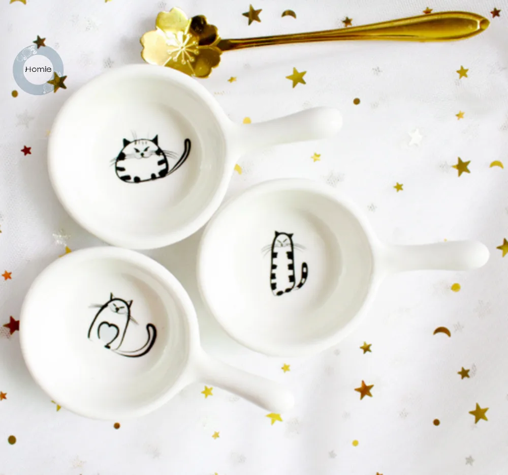 

Creative 6Pcs Cute Cat Small Saucer Shape With handle Mini Plate Ceramics Cartoon Dish Creative Snack Plate Salad Dinner Tray