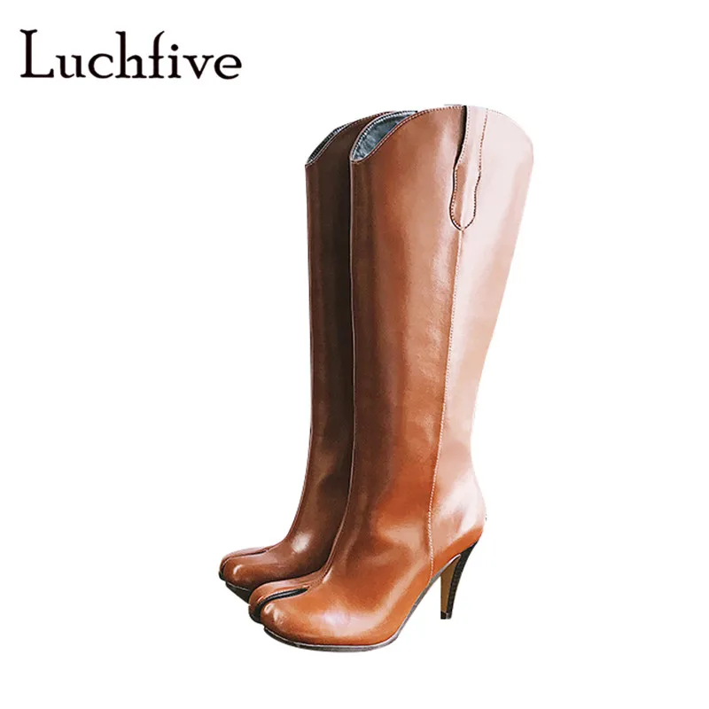 

Hot split toe winter boots for women genuine leather sexy thin high heels zipper long boots fashion black brown shoes women