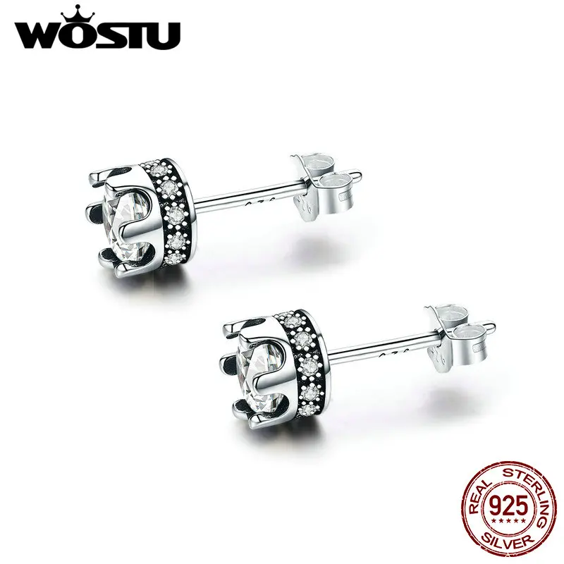 WOSTU 925 пробы Серебряная нежная Корона, прозрачные CZ серьги-гвоздики для женщин S925 серебряные ювелирные изделия Brincos подарок DXE311
