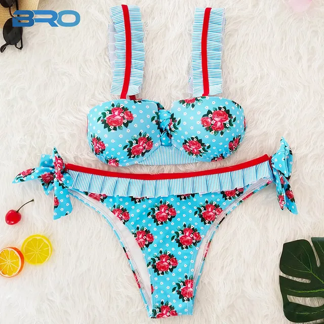 Bro 2018 Summer Bikini Push Up Floral Print Ruffle Swimsuit Two Piece