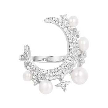 

[MeiBaPJ]Real 925 Sterling Silver White Moon & Stars Pearl Ring for Women with AAA High Quality Stones Party Fine Jewelry