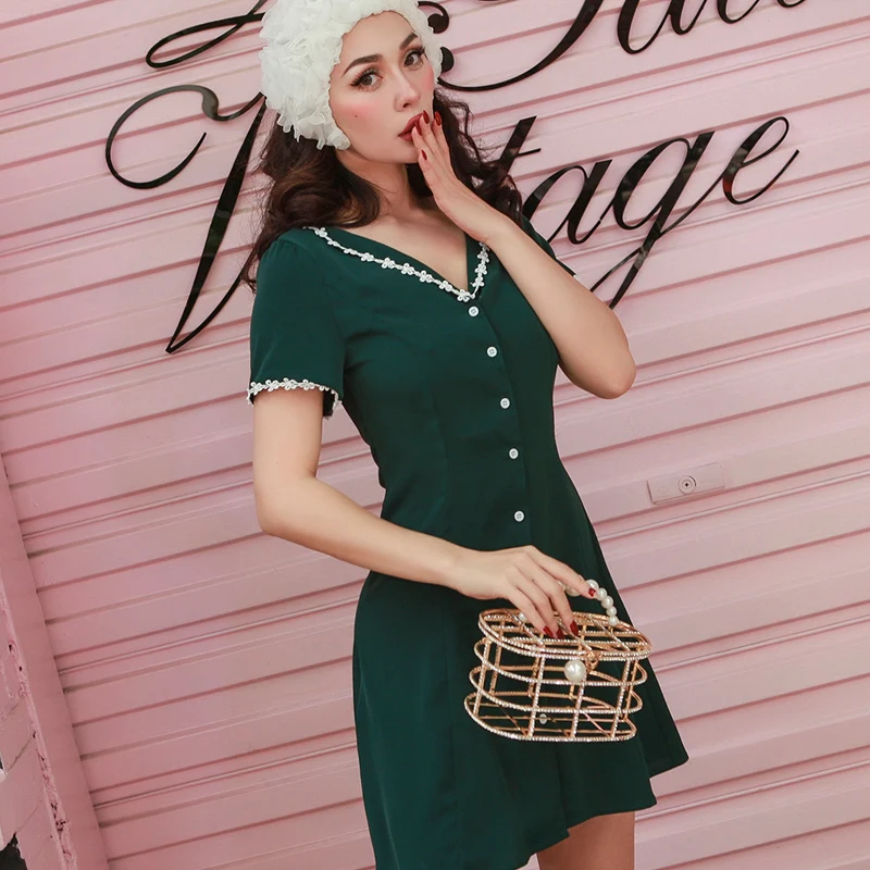 

Women Dress Dark Green Lace Waist Dress Chiffon Vintage Woman's Gown Above Knee Mini V-Neck Woman's Clothing Bodycon Dresses